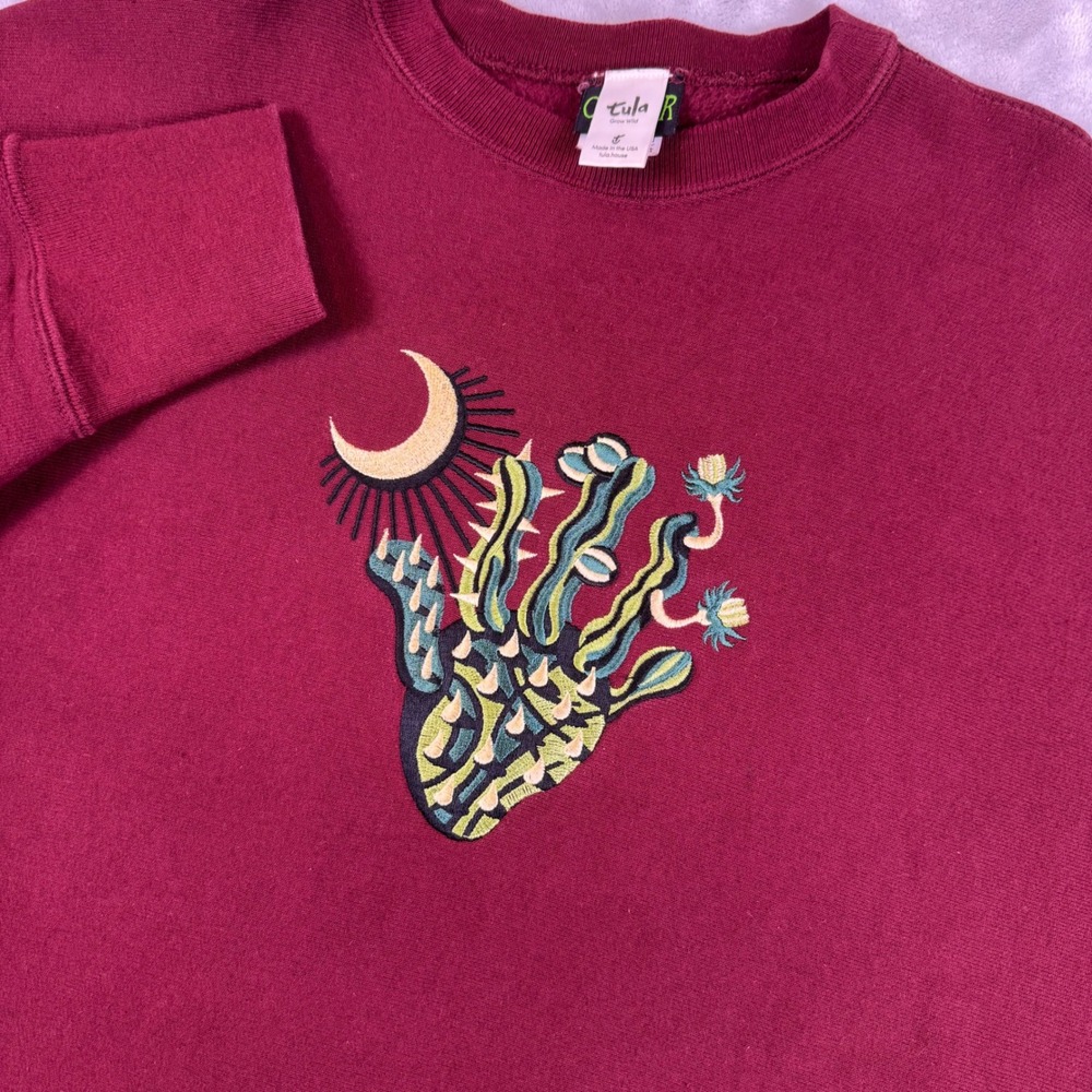 VTG Camber Tula House Burgundy Embroidered Cactus Moon Sweatshirt Made in USA L